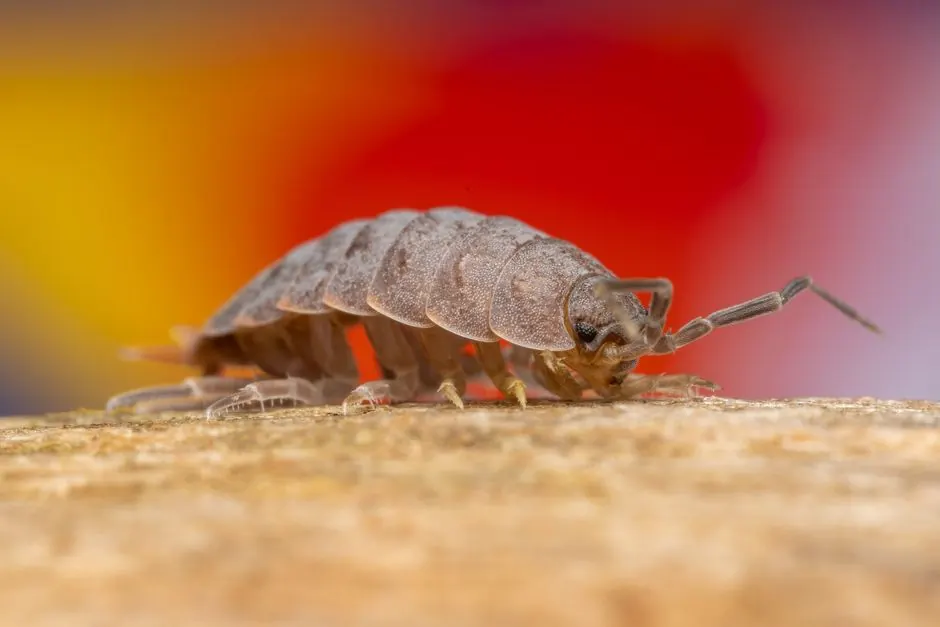 Detailed macro image of a woodlouse on a colorful surface. Perfect for biodiversity themes.